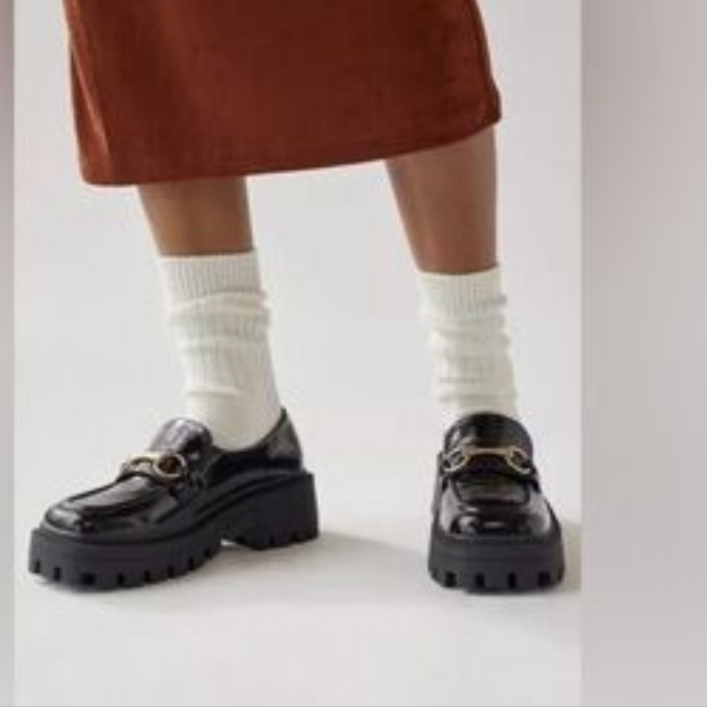 Urban Outfitters Womens Black Boca Patent Leather Lug Chunky Platform Loafers 8